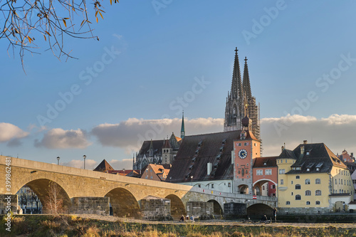 View of Stone Bridge and Regensburg Cathedral in Regensburg, Bavaria, Germany
