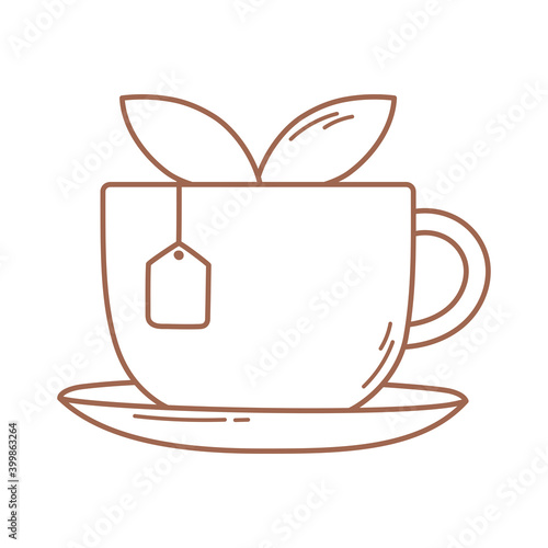 tea cup with teabag and leaf herbal icon in brown line