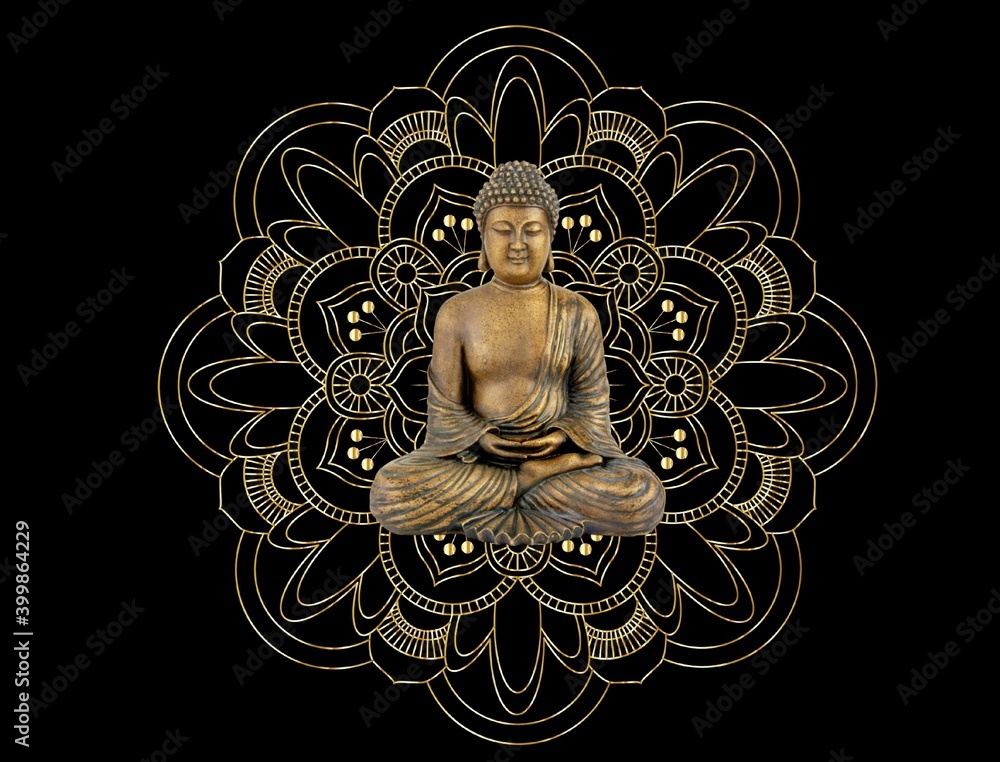 golden buddha statue on black background  - obrazy, fototapety, plakaty 
