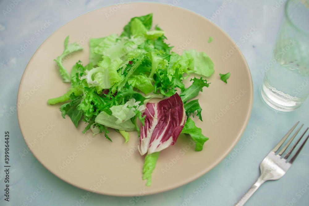 Beige plate with salad on a blue background
Beige plate with salad on a blue background