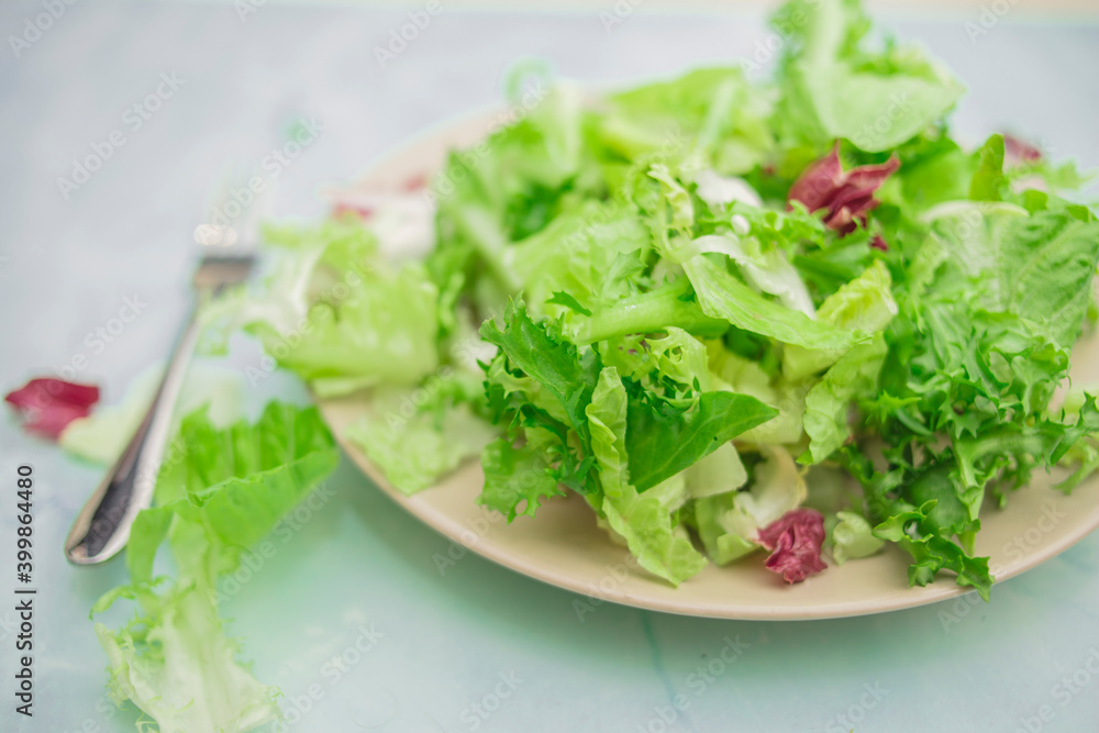 Beige plate with salad on a blue background
Beige plate with salad on a blue background