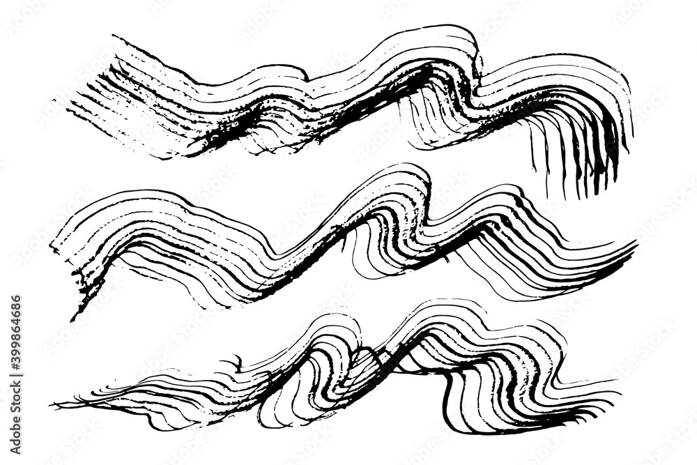 Set of expressive textured wavy black ink or watercolor brush strokes. Mysterious dynamic isolated inky curve lines, dark concept for brush design, background, banner decor