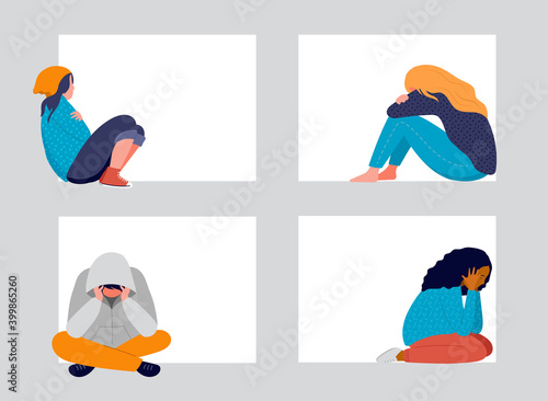 Young people, teenagers, suffering from psychological diseases, anxiety. Girls and boys sitting sad by the window or wall