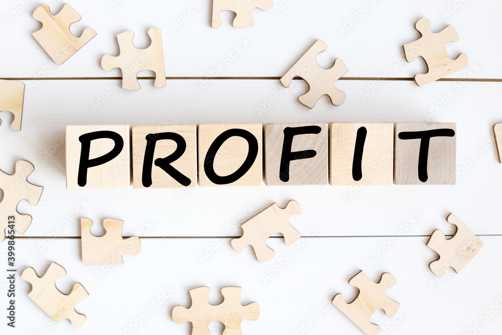 Obraz premium profit. text on wood cubes on white background near puzzles