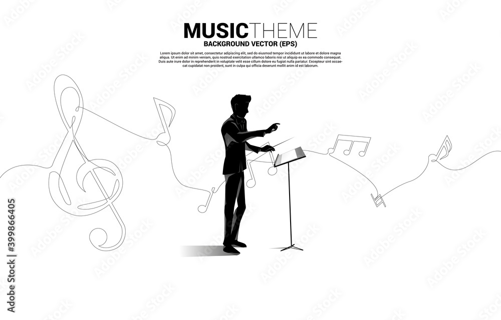 Vector silhouette of conductor with music melody note dancing flow from single line . Concept background for song and concert theme. Vector silhouette of conductor with music melody note dancing flow from single line . Concept background for song and concert theme.