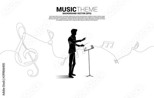 Vector silhouette of conductor with music melody note dancing flow from single line . Concept background for song and concert theme.