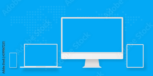 White desktop computer display screen smartphone tablet portable notebook or laptop. Outline mockup electronics devices phone monitor lines realistic simple isolated 3d vector set
