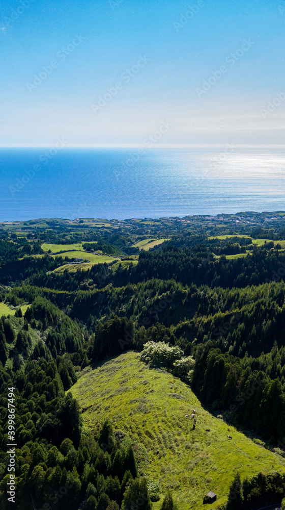 Landscape view over the luxurious green landscape with the Atlantic Ocean in the background. São Miguel Island. Azores.