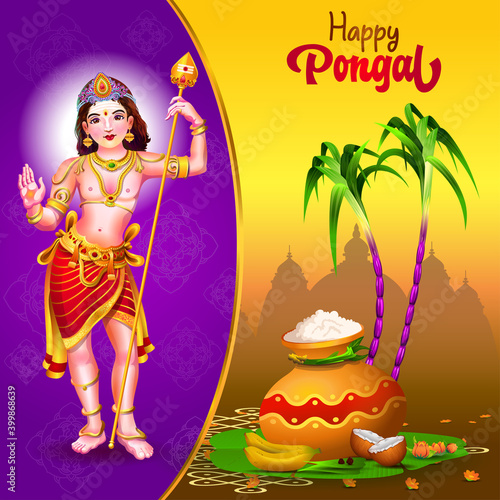 Pongal Greetings with god, pot, sugarcane and traditional things photo