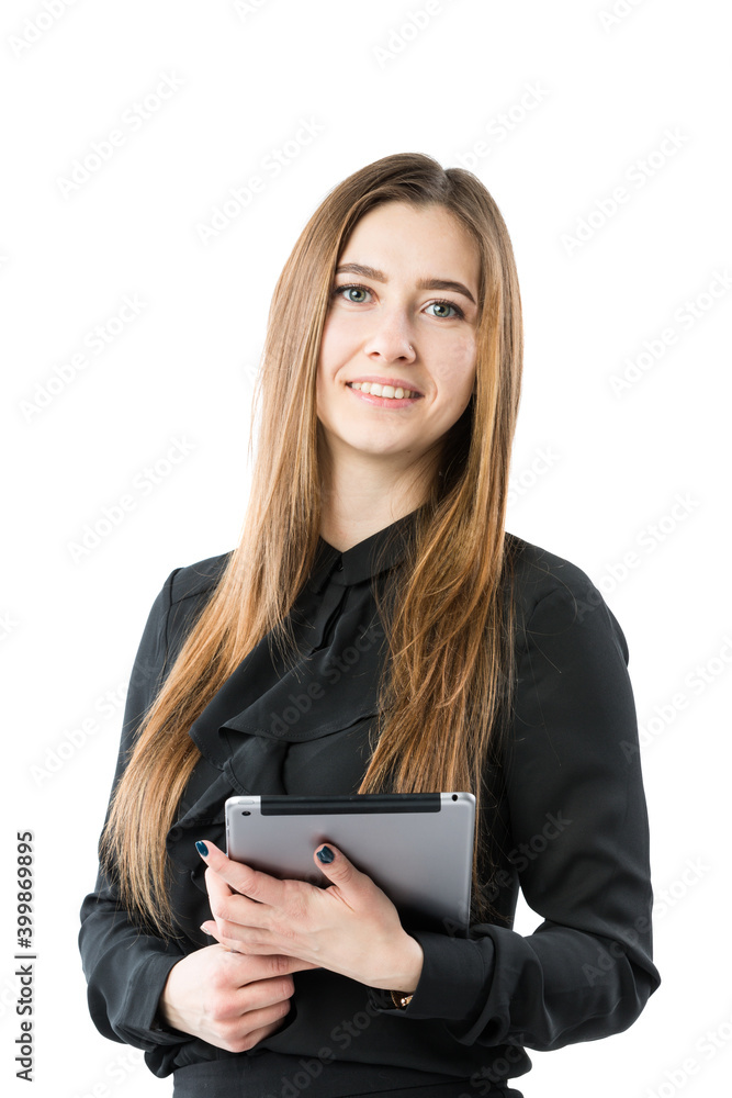 Woman business technology theme. Beautiful young caucasian woman in black shirt posing standing with tablet hands on white isolate background. Profession Marketer Sales Social Media Advertising Woman business technology theme. Beautiful young caucasian woman in black shirt posing standing with tablet hands on white isolate background. Profession Marketer Sales Social Media Advertising
