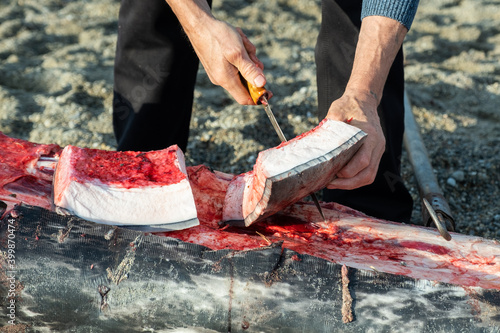 Hunters cut carcass of the killed whale on pieces.