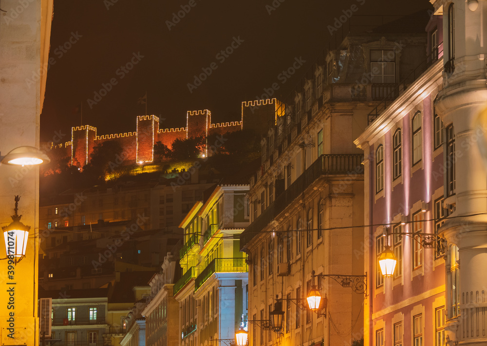 Night view on Sao Jorge castle and Christmas lights of the city.Lisbon - Portugal 