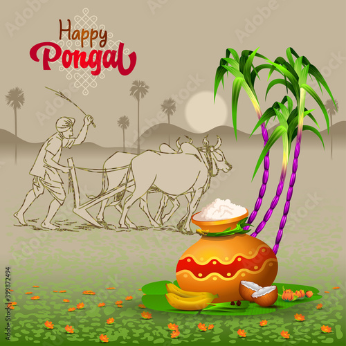 Pongal Greetings with ploughing farmer, pot, sugarcane and traditional things