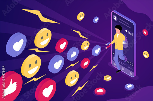 Male character using magnet to get likes and reactions on social media. Concept of young men and women using social media for attention. Isometric cartoon vector illustration