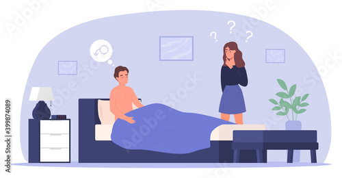 Couple having sexual intimate problem. Concept of personal or intimate problem between romantic partners. Sexual unattractiveness, and behavior misunderstanding. Flat cartoon vector illustration