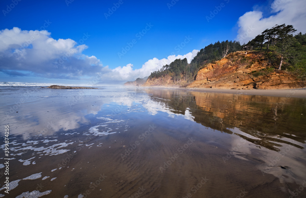 Wet sand reflections in December sunshine. Low tide, Arch Cape, Oregon, looking north to Hug Point and Cannon Beach.