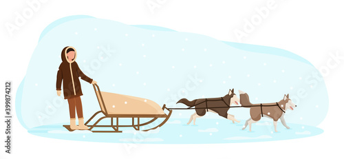 Eskimo man riding in a sledge pulled by dogs. Northern indigenous in traditional folk costume. Flat cartoon vector illustration