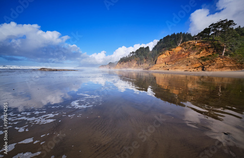 Wet sand reflections in December sunshine. Low tide, Arch Cape, Oregon, looking north to Hug Point and Cannon Beach. © Jo Ann Snover