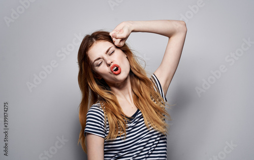 pretty woman beautiful hairstyle red lips glamor emotions studio