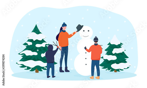 Family winter leisure activities. Mother and children having fun outdoors together building big tall snowman with face in hat. Flat cartoon vector illustration