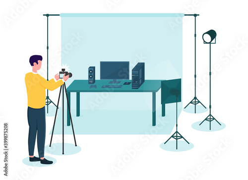 Professional male photographer making commercial shooting. Man using lamps, tripod and background in the studio to make photos look good and ready to sell. Flat cartoon vector illustration
