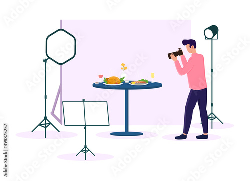 Professional male photographer making commercial shooting. Man using camera, lamps, tripod, background in studio to make photos of food look good and ready to sell. Flat cartoon vector illustration