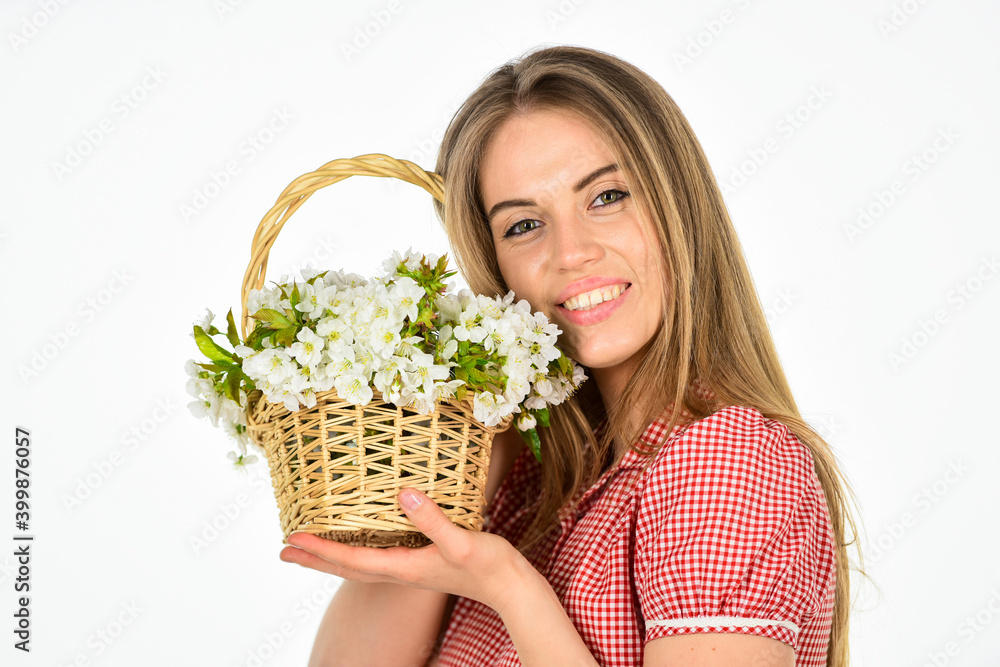 Flowers shop. Natural fragrance. Girl carry flowers in basket. Floral shop. Florist career. Delivering bloom. Arrange cut flowers nice bouquet. Happiness. First spring flowers. Womens and mothers day