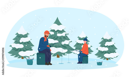 Father and son fishing in winter. Concept of father and child having fun outdoors together. Male characters sitting on boxes and fishing through ice. Flat cartoon vector illustration
