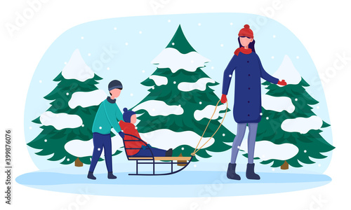 Mother sledding her kids in winter. Concept of family having fun outdoors together. Boy riding sledge and having fun while his brother pushes him. Flat cartoon vector illustration