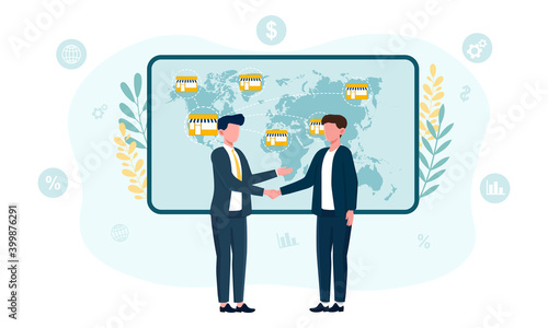 Businessman offer franchising. Concept of various company or people wants to buy business. Men shaking hands over investments in development of a successful business. Flat cartoon vector illustration