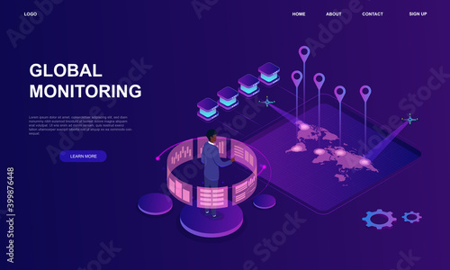 System of global monitoring. Male character at the control desk working with global monitoring systems. Virtual world map. Isometric cartoon vector illustration