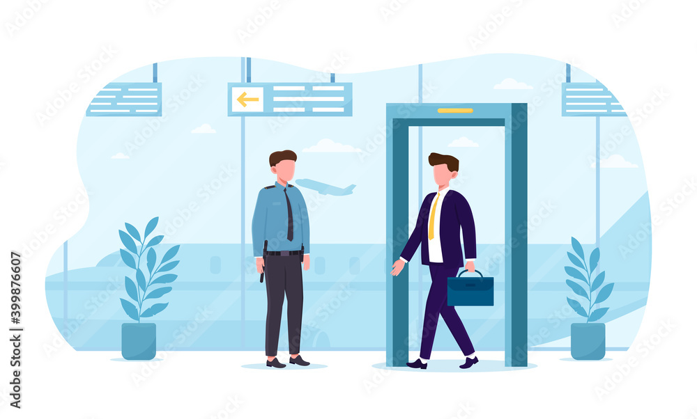Young man with suitcase going through inspection at airport near police. Concept of police security at the airport checking every passenger and visitor. Flat cartoon vector illustration Young man with suitcase going through inspection at airport near police. Concept of police security at the airport checking every passenger and visitor. Flat cartoon vector illustration