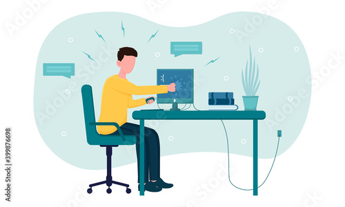 Stressed angry office worker breaks computer at work. Concept of hard constant work that makes stundent, businessman, employee feels worried in workplace. Flat cartoon vector illustration