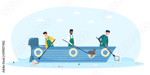 Three male characters in boat cleaning ocean from dirt and plastic garbage. Concept of world ocean pollution environment damage. Flat cartoon vector illustration