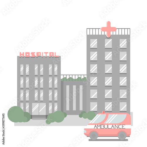 Hospital building with ambulance in minimalist flat style.