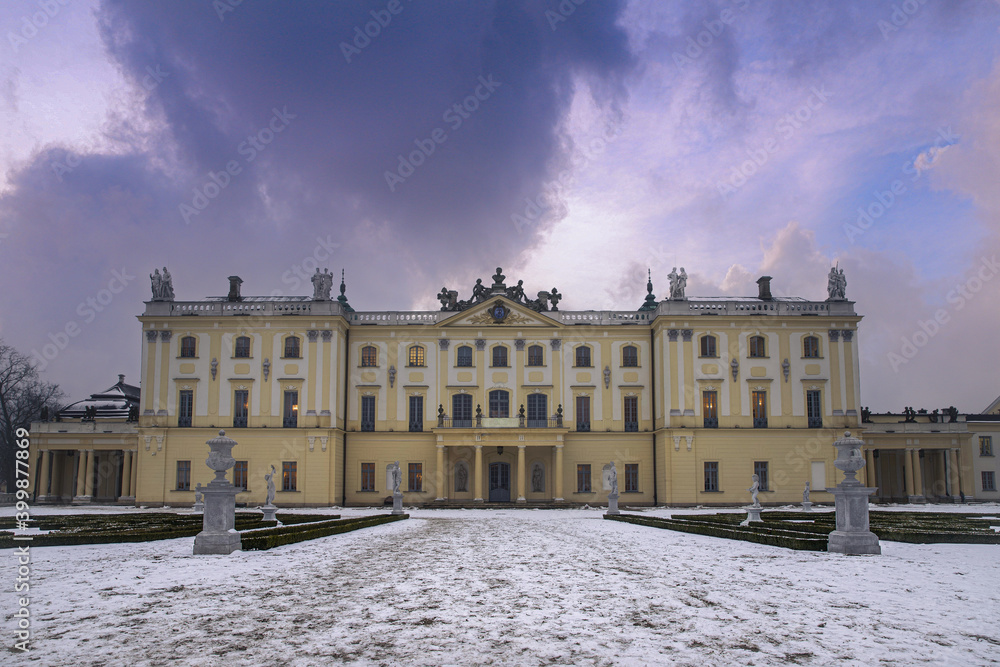 View of the building against the colorful sky in winter scenery.