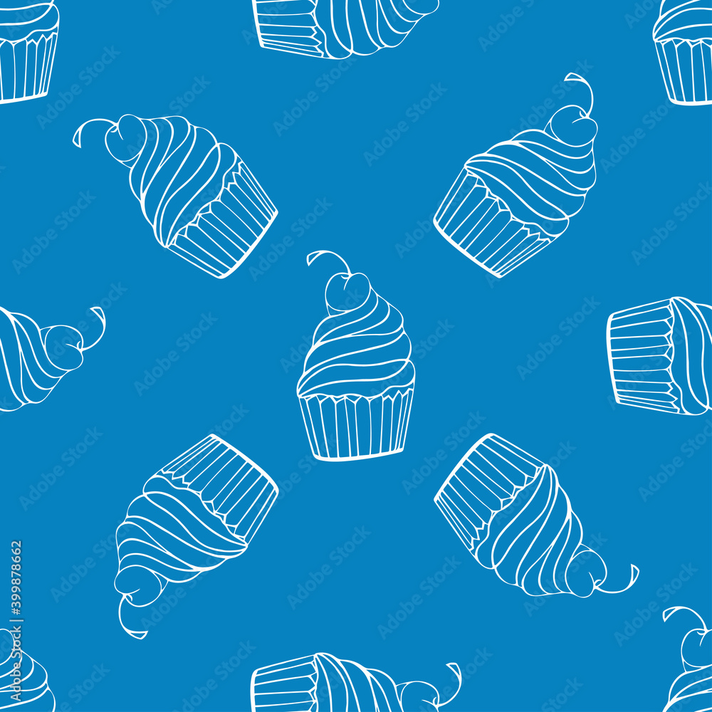 Seamless pattern with doodle cupcakes with cherry on top on trendy blue background. Vector for cards, banners, wrapping paper, posters, scrapbooking, pillow, cups and fabric design. 