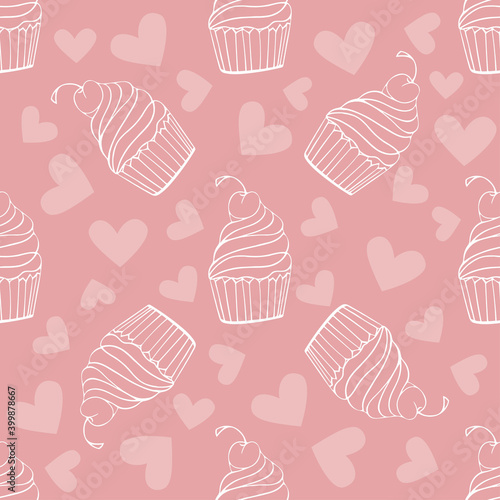 Seamless pattern with doodle sweets, desserts, ice cream, muffin on pink background. Vector for cards, banners, wrapping paper, posters, scrapbooking, pillow, cups and fabric design. 