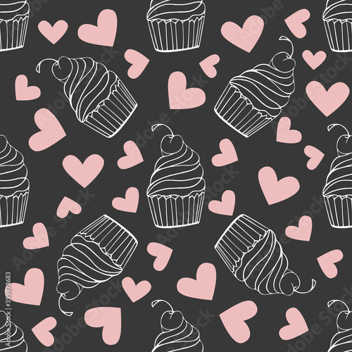 Seamless pattern with doodle sweets, desserts, ice cream, muffin, hearts on trendy grey background. Vector for cards, banners, wrapping paper, posters, scrapbooking, pillow, cups and fabric design. 