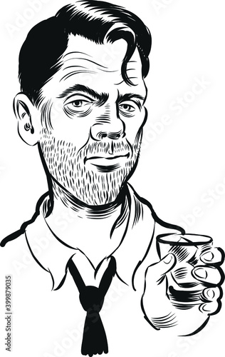 Drunk man with a glass of whiskey. Ink black and white vector drawing