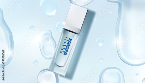 cosmetic tubes banner ads. Lotion, cosmetic product bottles with waterdrop effect design. Realistic 3d vector illustration
