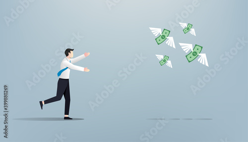 Businessman chasing after flying money vector illustration.