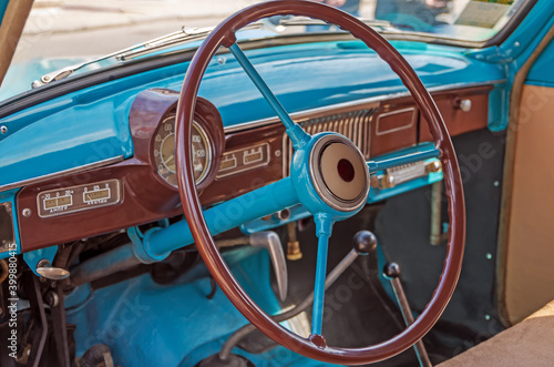 Dashboard and steering wheel of vintage soviet automobile