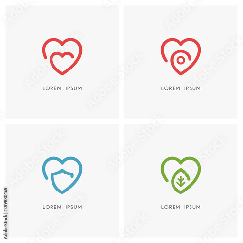 Love outline logo set. Heart, address pointer, shield and green leaf symbol - health care, mother and child, social work, protection and safety, favorite place, nature, ecology and environment icons.