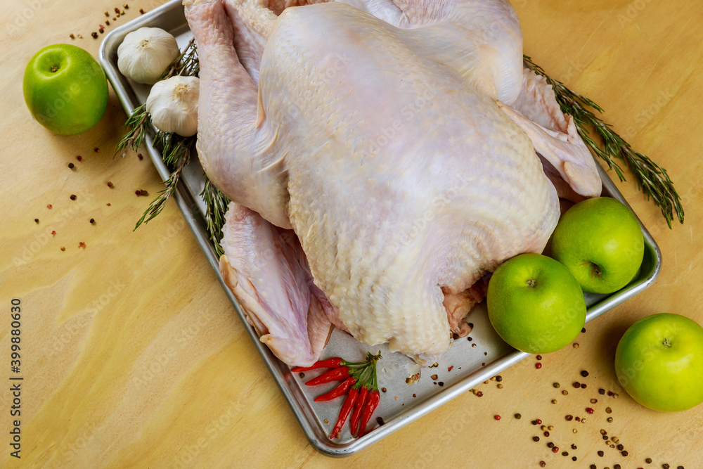 Uncooked turkey in baking pan ready for cooking. Uncooked turkey in baking pan ready for cooking.
