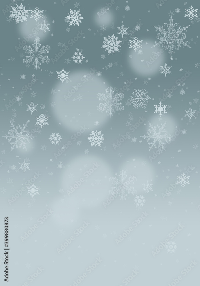 Snow background. Blue grey and white Christmas snowfall with defocused flakes. Winter concept with falling snow. Holiday texture and white snowflakes