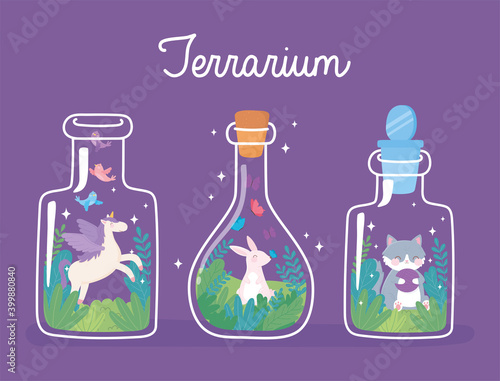 jar terrarium cute rabbit unicorn and cat with blooming plants inside