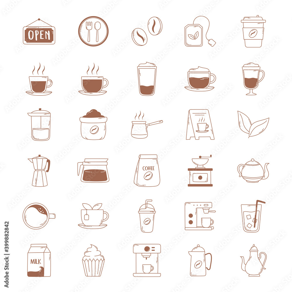 coffee icons cup kettle teapot bean machine in brown line coffee icons cup kettle teapot bean machine in brown line