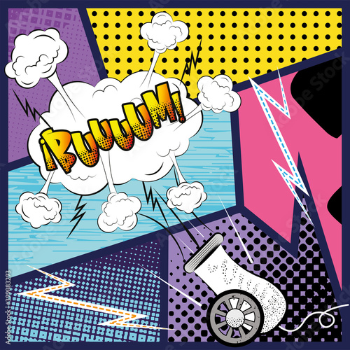 Cartoon of a cannon explosion with comic bubble over halftone background - Vector