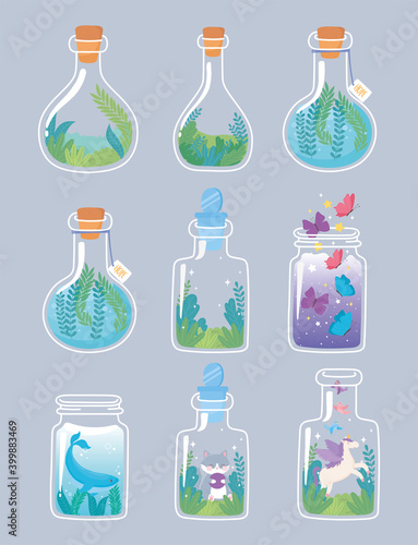 jar terrarium set with animals and floral composition decorative plants vegetation